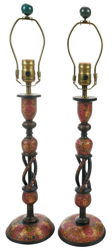 Appraisal: Pair Kashmiri Style Candlesticks Mounted as Lamps th century paint