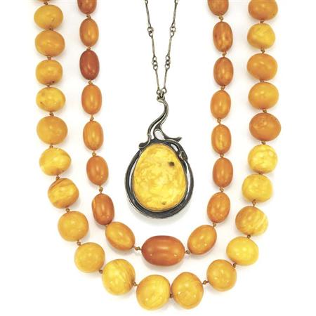 Appraisal: Three Amber Bead Necklaces and Reconstructed Amber Pendant with Chain