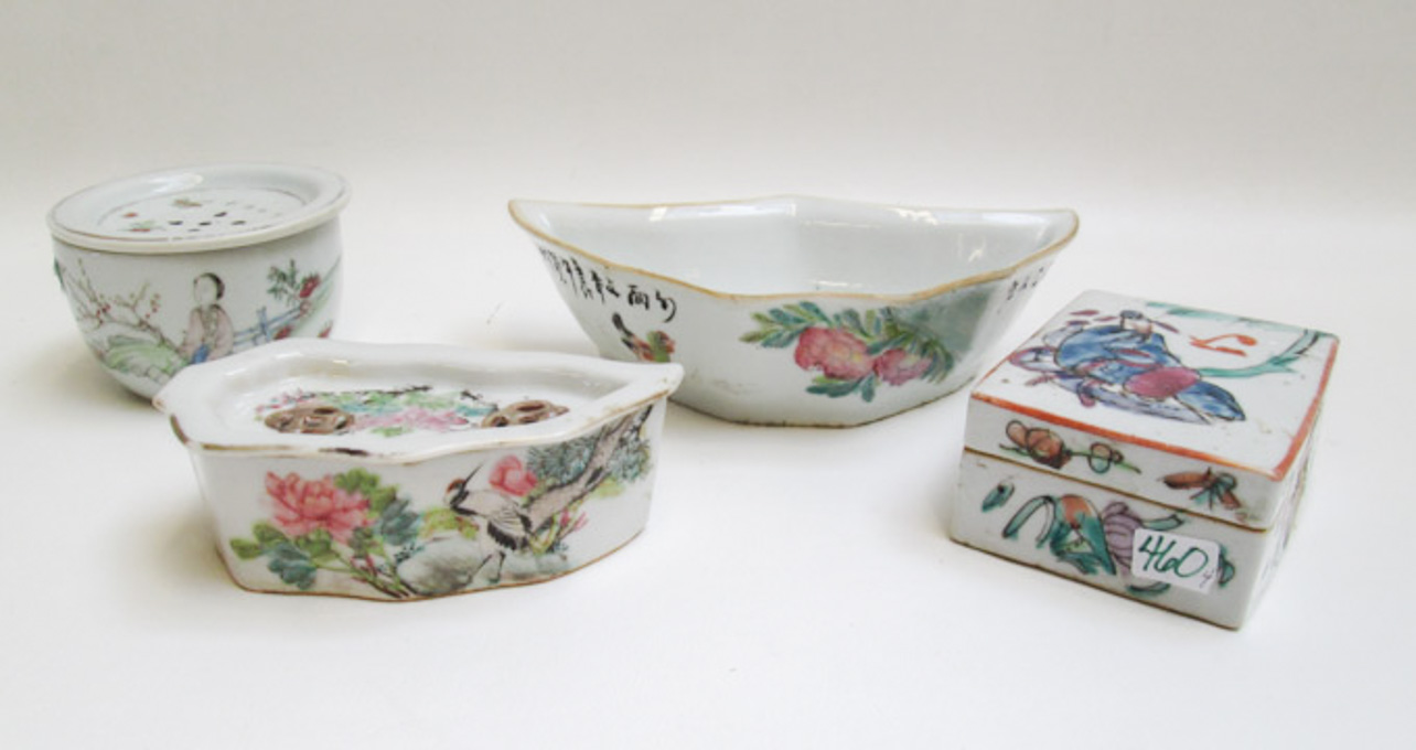 Appraisal: FOUR CHINESE HAND ENAMELED PORCELAINS lidded boxes of various shapes