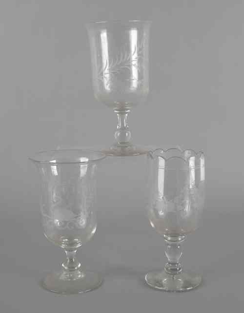 Appraisal: Three etched colorless glass celery vases th c h h