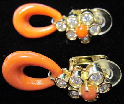 Appraisal: karat yellow gold coral and diamond earrings italy