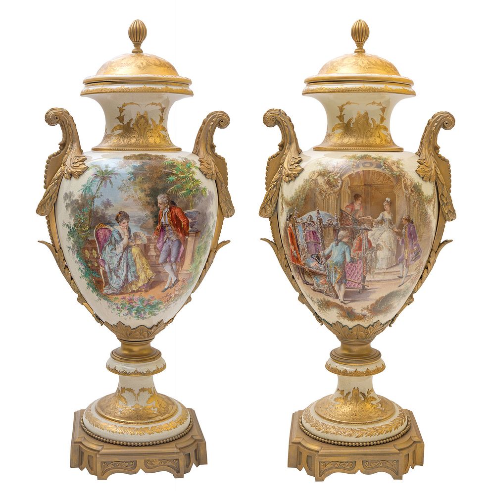 Appraisal: A PAIR OF MONUMENTAL ORMOLU-MOUNTED SEVRES-STYLE PORCELAIN VASES TH CENTURY