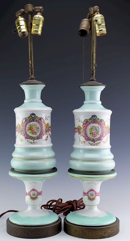 Appraisal: Pair French Floral Enameled Opaline Glass Lamps Pair of floral