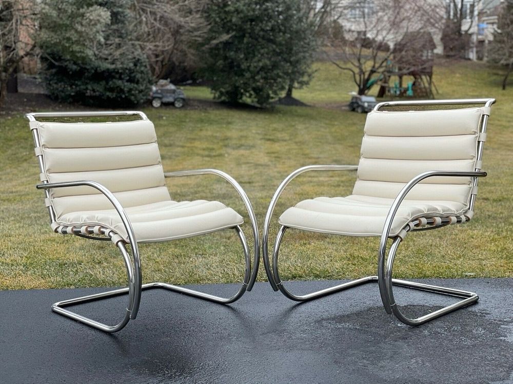 Appraisal: Knoll MR Lounge Chairs White Leather Stamped Knoll Knoll Mies