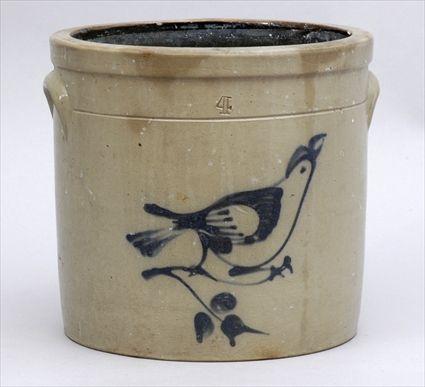 Appraisal: AMERICAN STONEWARE CYLINDRICAL CROCK With underglaze blue bird on a