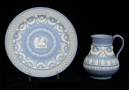 Appraisal: TWO WEDGWOOD BLUE JASPERWARE TABLE ARTICLES Each impressed Wedgwood comprising