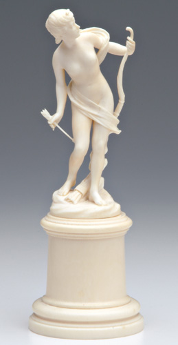 Appraisal: CONTINENTAL IVORY Carved figure of Diana on round ivory pedestal