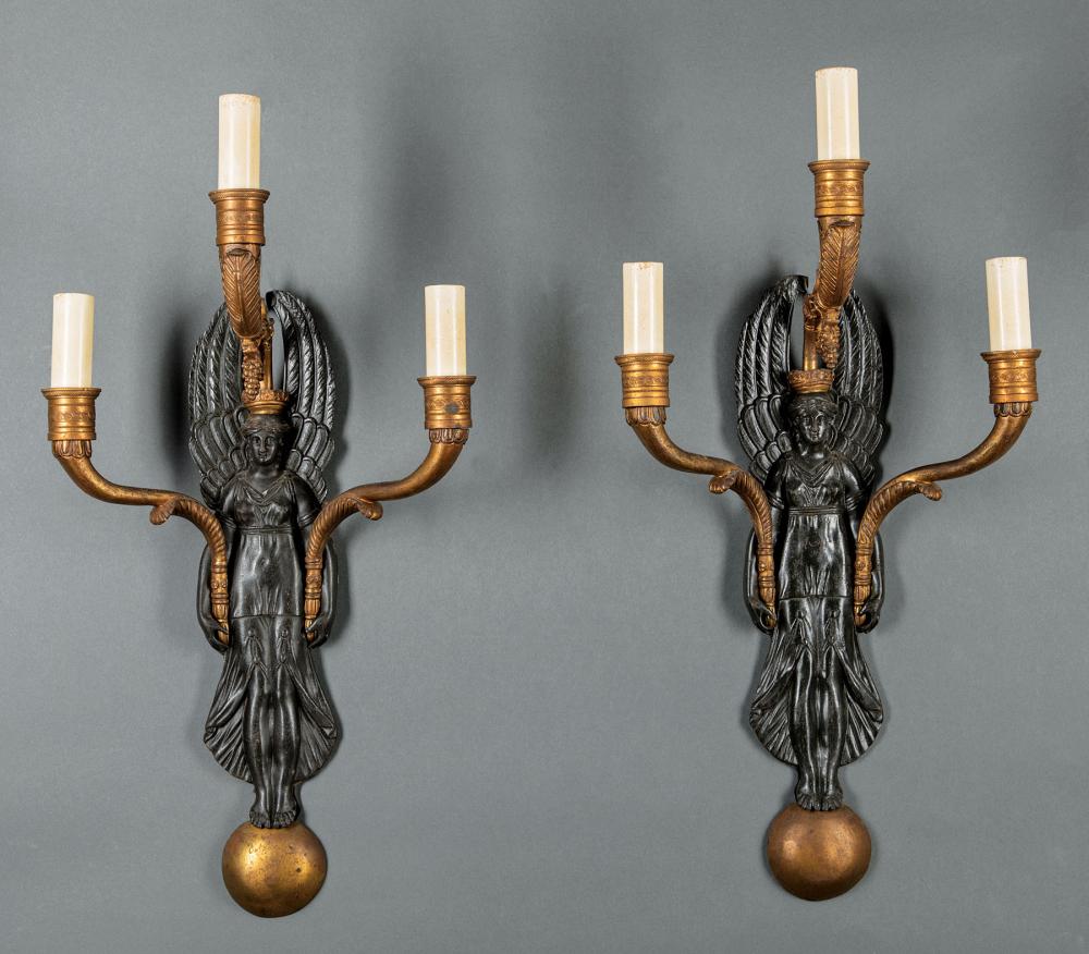 Appraisal: Pair of Empire-Style Gilt and Patinated Bronze Three-Light Sconces electrified