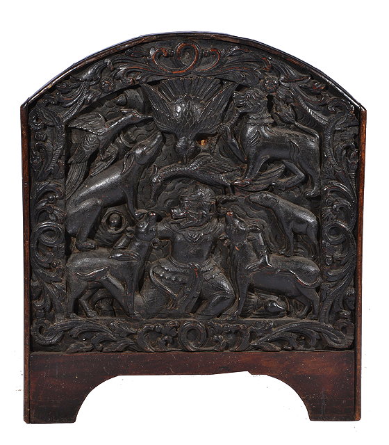 Appraisal: AN ASIAN HARDWOOD CARVED PANEL with arching top the central