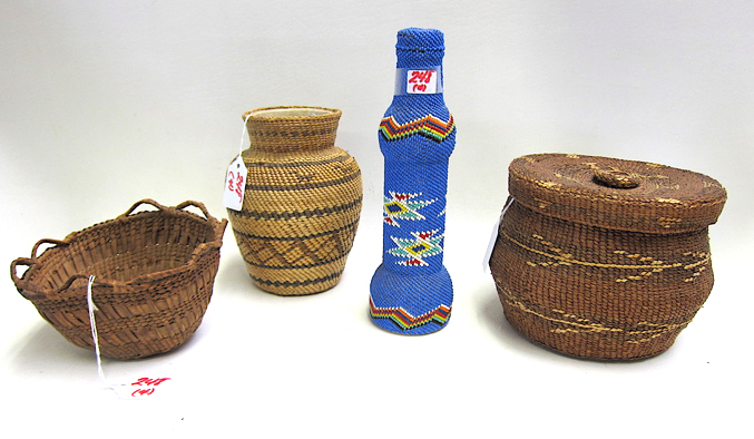 Appraisal: THREE INDIAN BASKETS Skokomish pottery vase covered with basketry height