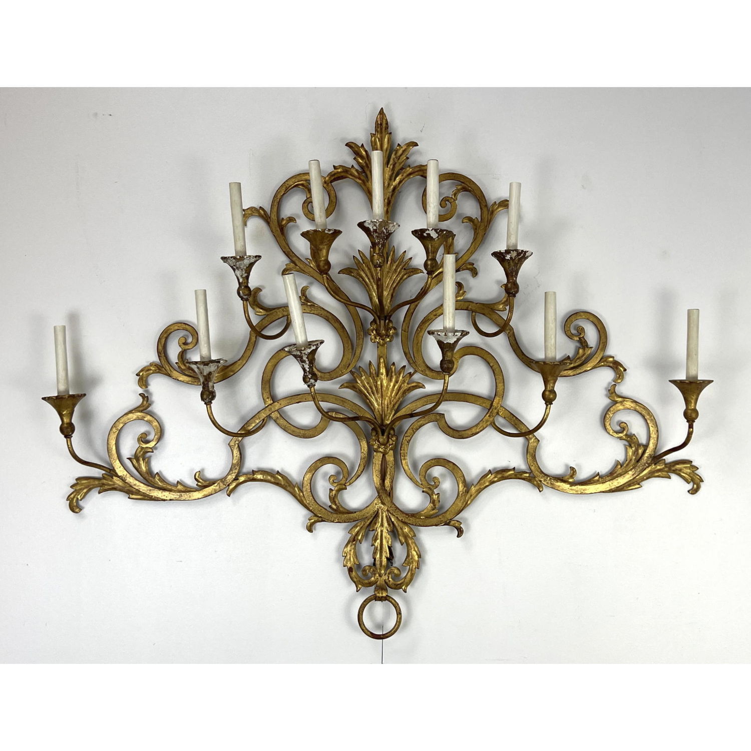 Appraisal: Italian Gilt Iron Ornate Foliate Wall Sconce Vintage Electrified Candle