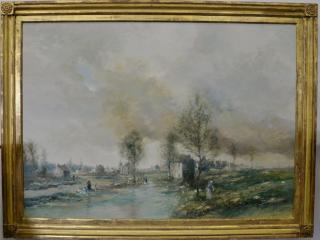 Appraisal: Francois Izarny pond by the village oil on canvas signed