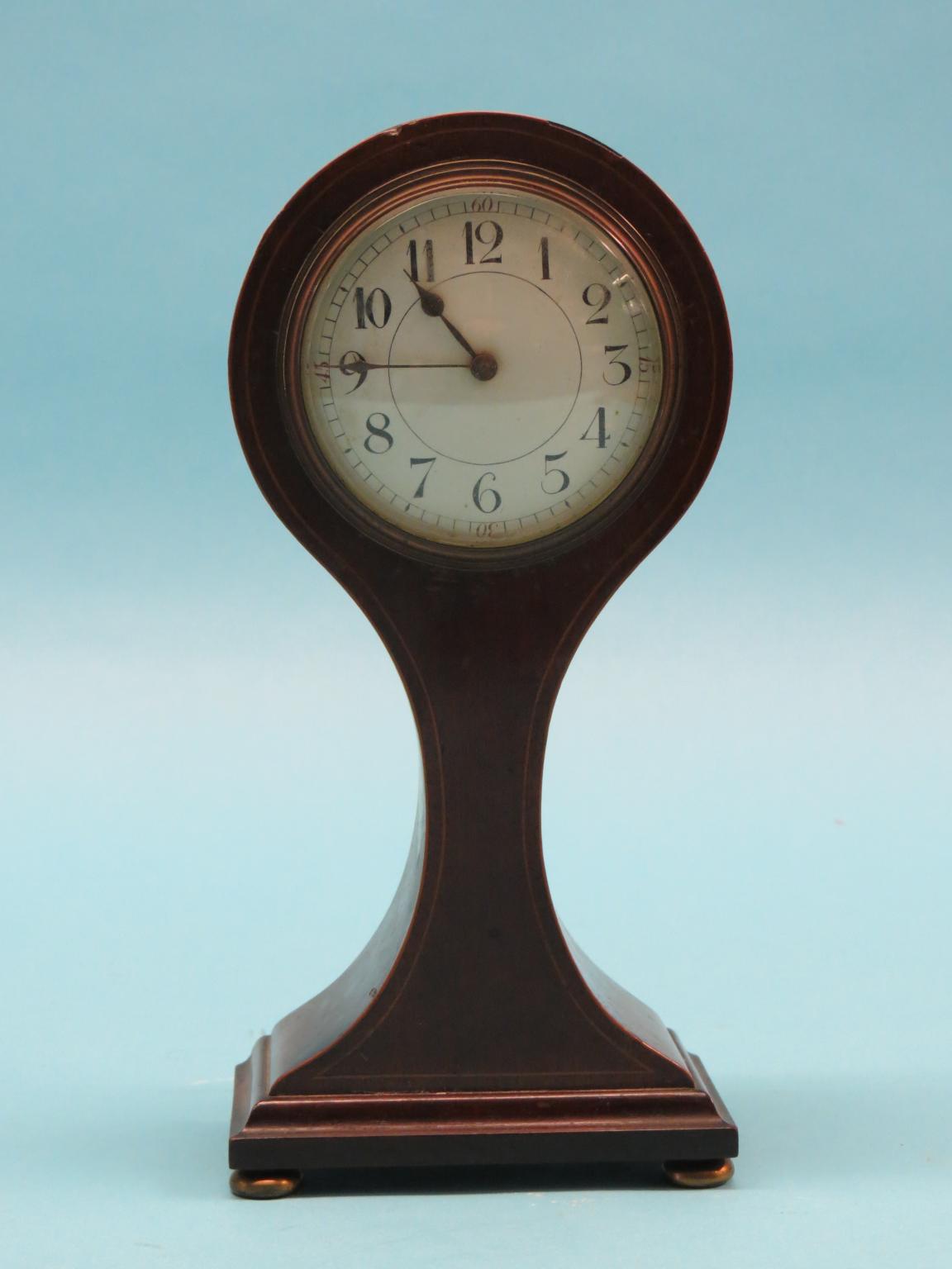 Appraisal: An Edwardian inlaid mahogany mantel clock with convex enamelled dial