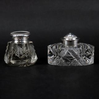 Appraisal: Grouping of Two Victorian Style Cut Crystal Inkwells Grouping of