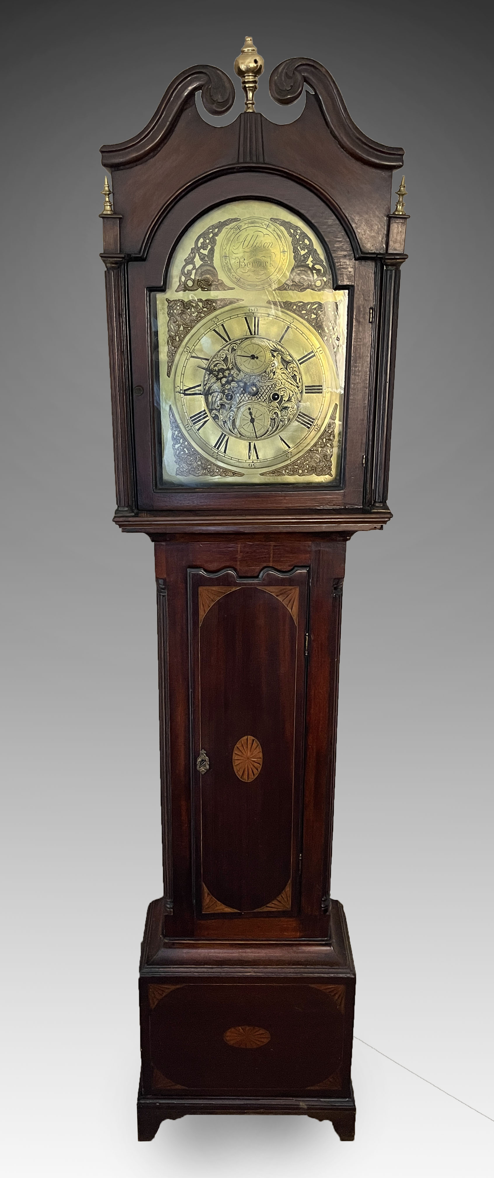 Appraisal: ALLISON BERWICK TALL CASE CLOCK Surmounting brass finial at scrolling