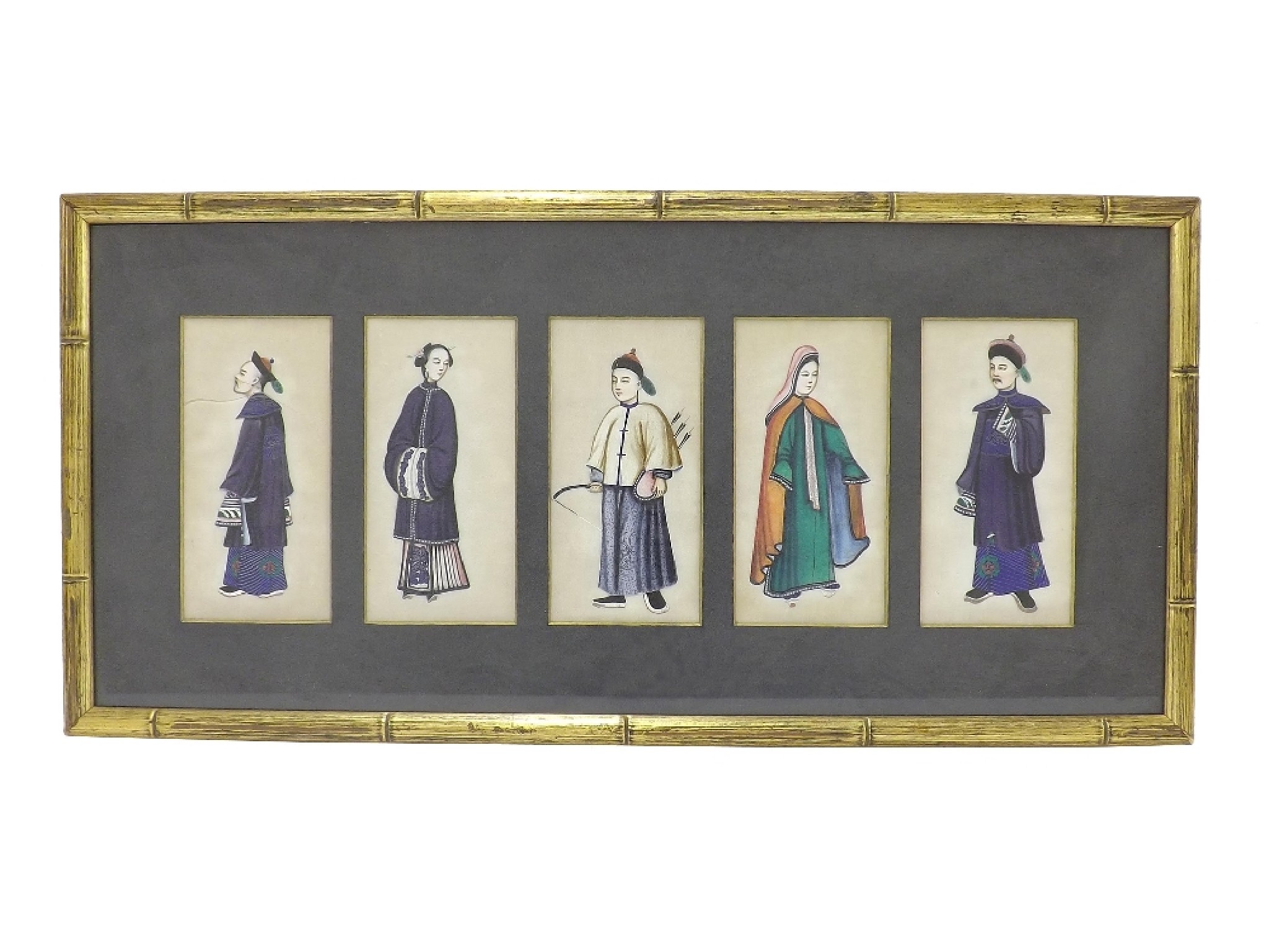 Appraisal: Gilt faux bamboo framed picture inset with five Chinese figural