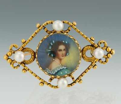 Appraisal: A Ladies' Gold Pearl and Miniature Portrait Brooch k yellow