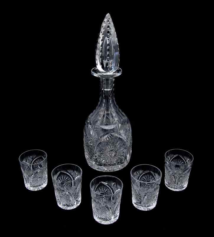 Appraisal: CUT GLASS LIQUOR DECANTER AND CORDIALS To include Cut glass