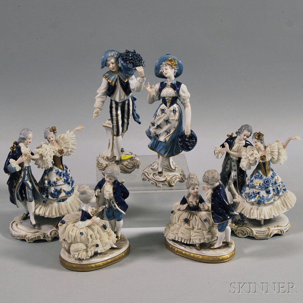 Appraisal: Three Pairs of Dresden Porcelain Figures th century ht to