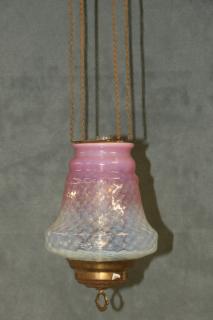 Appraisal: SMALL HANGING CRANBERRY LAMP Brass Entry Hall Oil Lamp counterweighted