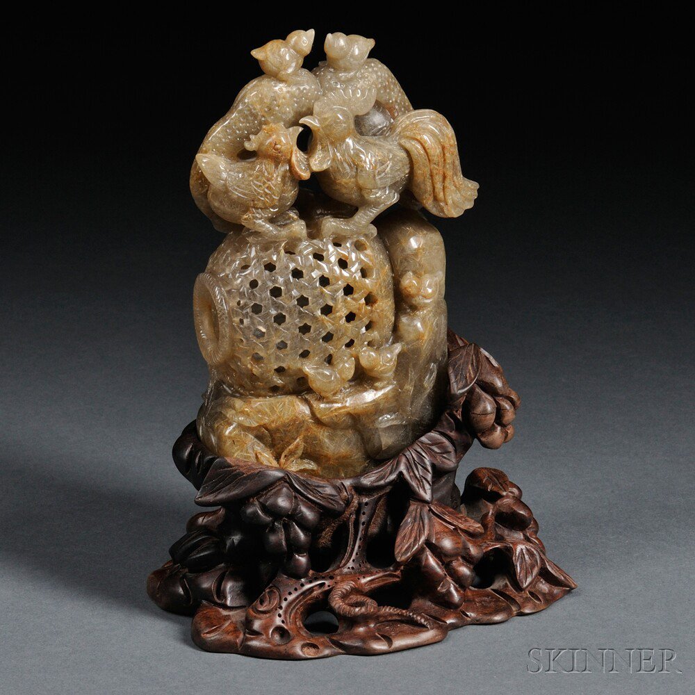 Appraisal: Quartz Carving on Wood Stand China depicting a rooster a