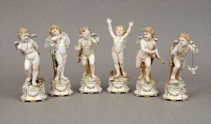 Appraisal: Set of Six Ginori Gilt and Polychrome Decorated Porcelain Cupid