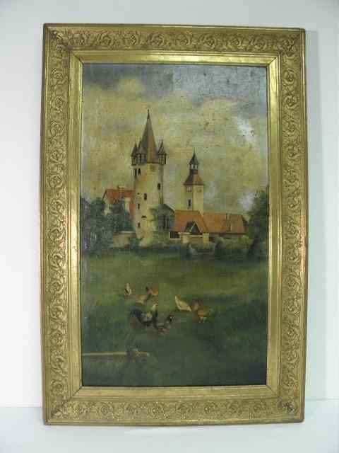 Appraisal: Oil on board painting of an estate with chickens in