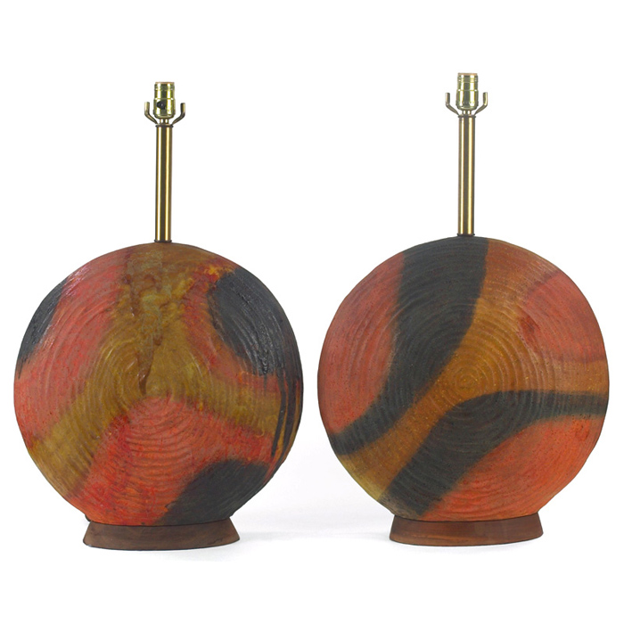 Appraisal: Fantoni table lamps pair Italy large pottery discs with red