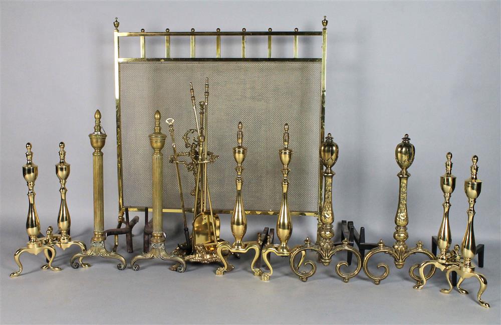 Appraisal: FIVE PAIRS OF ASSORTED BRASS ANDIRONS BRASS FIREPLACE TOOL SET