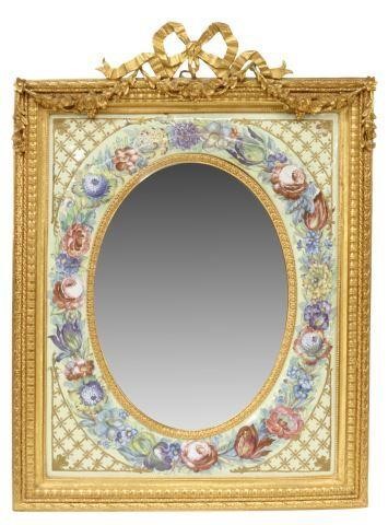 Appraisal: French dore bronze wall mirror with ribbon crest hand-painted enamel