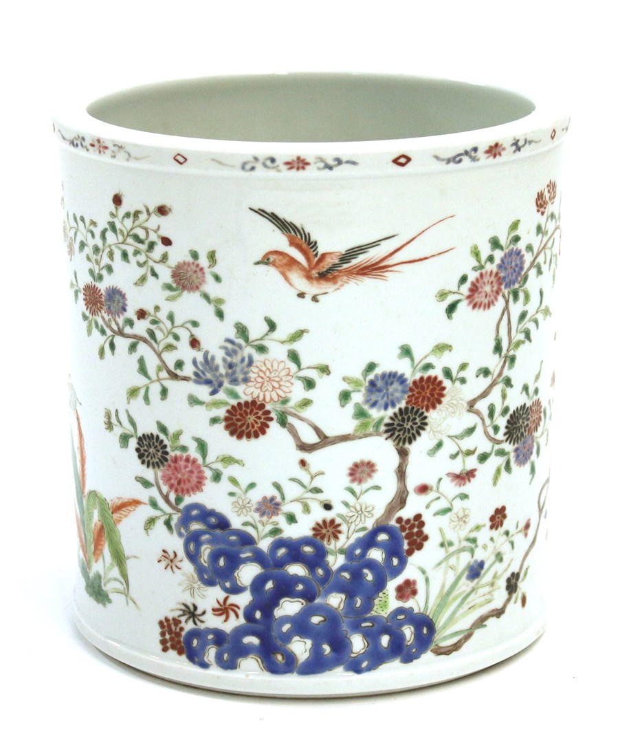 Appraisal: A th century famille-rose cylindrical brush pot painted with birds