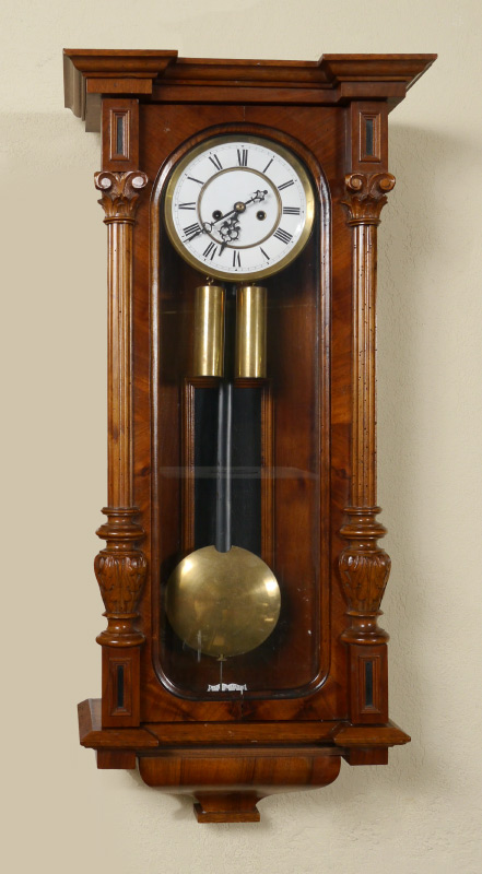 Appraisal: AUSTRIAN DOUBLE WEIGHT WALL REGULATOR CLOCK Walnut case carved and