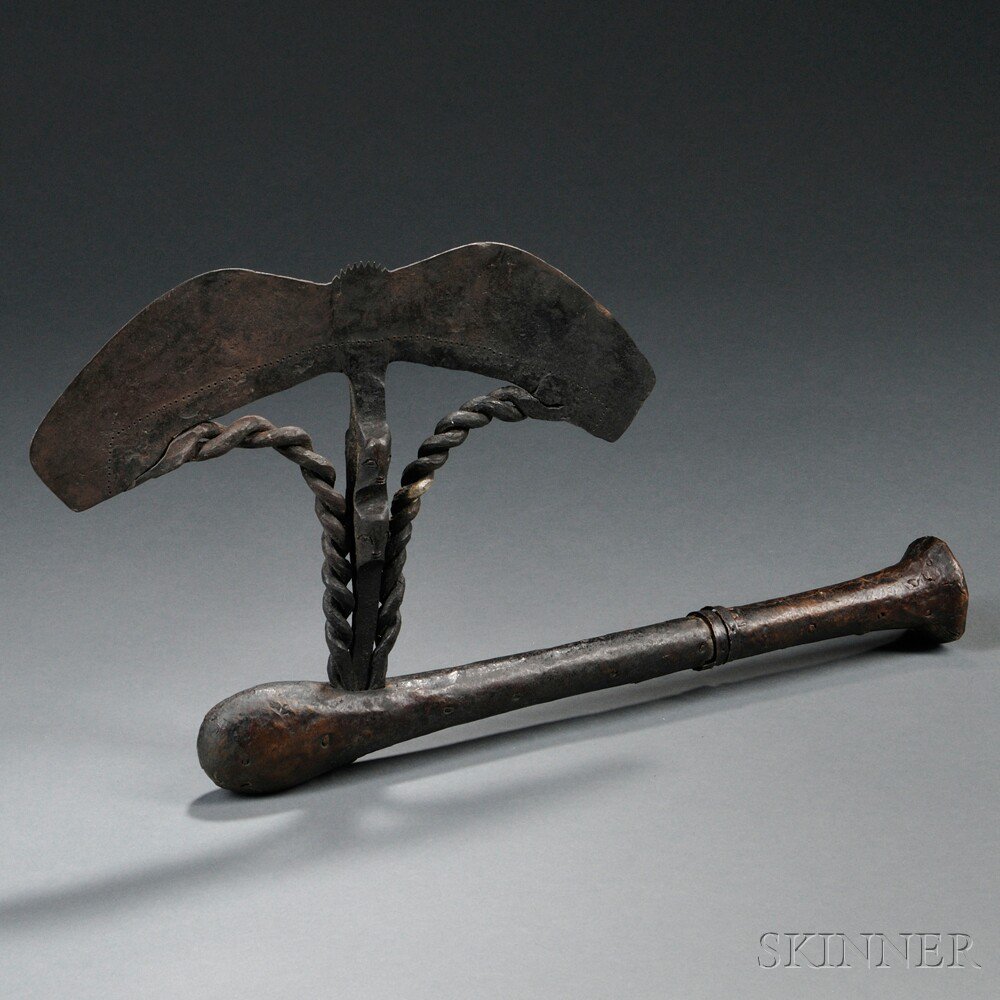 Appraisal: Songye Axe with Copper-wrapped Shaft two masks on each side