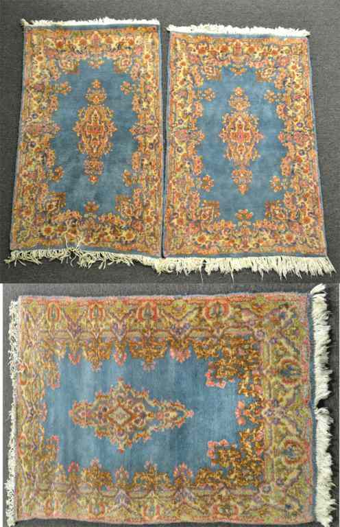 Appraisal: Kirman Area RugsBlue field with central cartouche design and floral