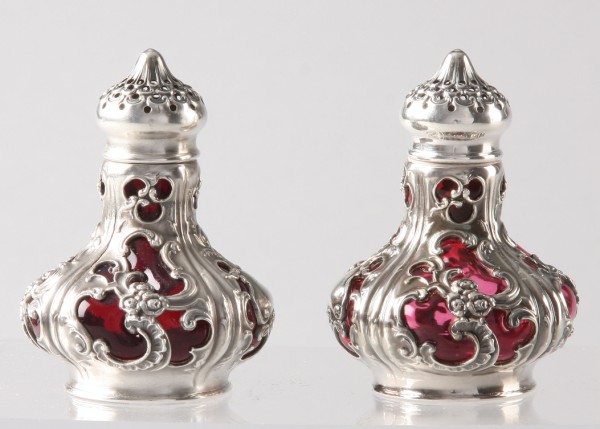 Appraisal: Sterling and ruby blown glass salt and pepper shakers t