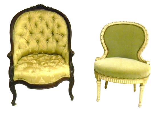 Appraisal: Two upholstered chairs with carved frames French style slipper chair