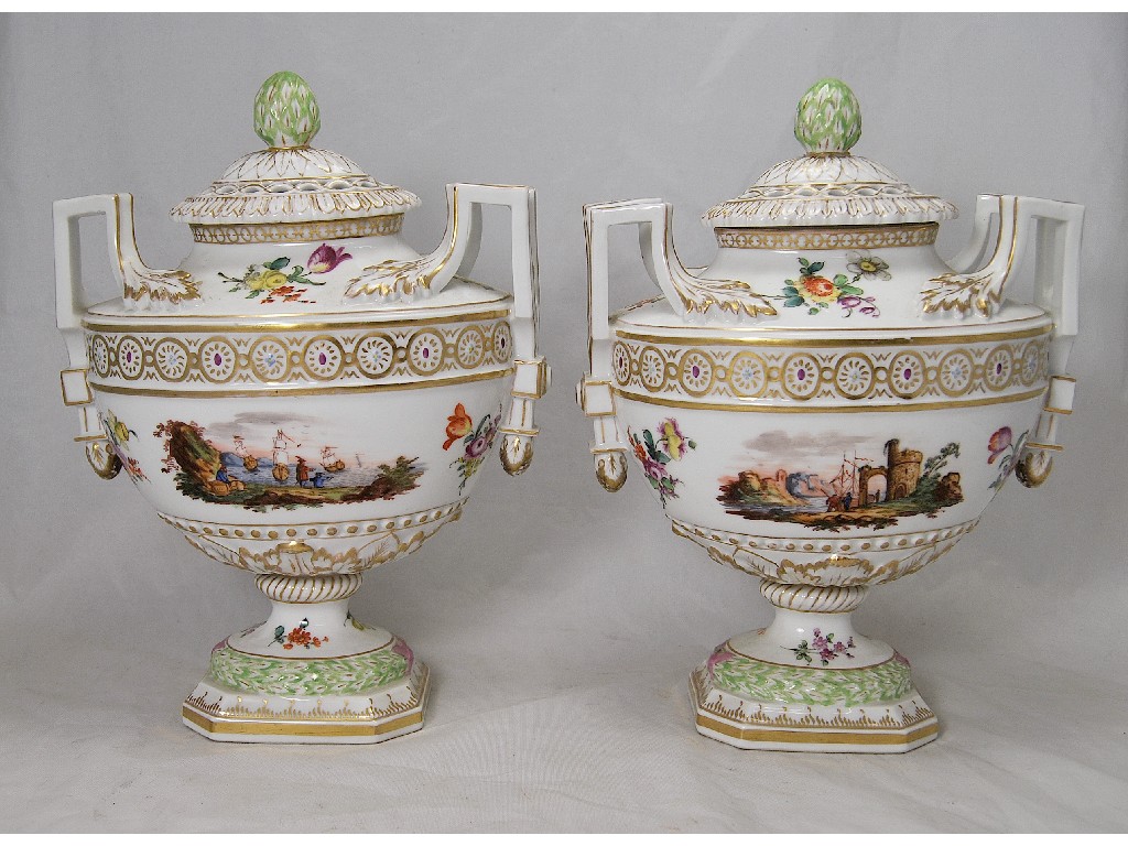 Appraisal: A pair of Dresden pot-pourri urns with pierced covers twin