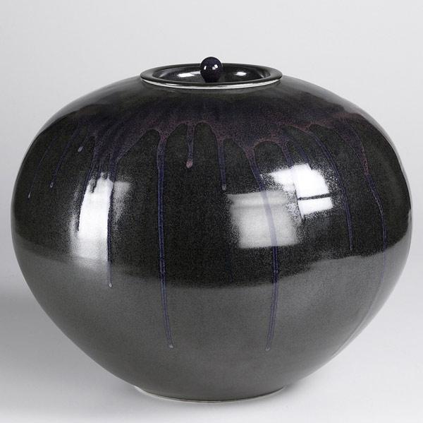 Appraisal: STEPHEN MERRITT Large white stoneware moon-shaped covered jar Felted bottom