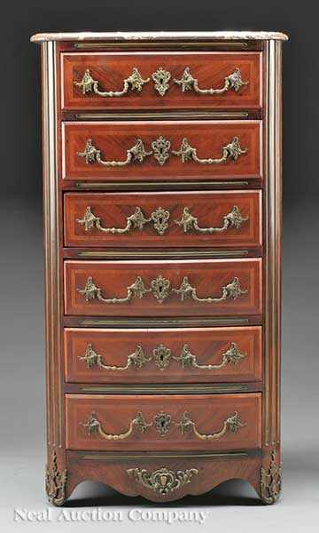 Appraisal: An Antique French Kingwood Parquetry and Bronze-Mounted Semainier rouge marble