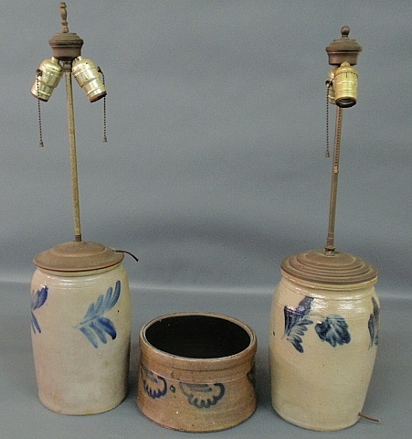 Appraisal: - Two similar stoneware jars with blue decoration converted to