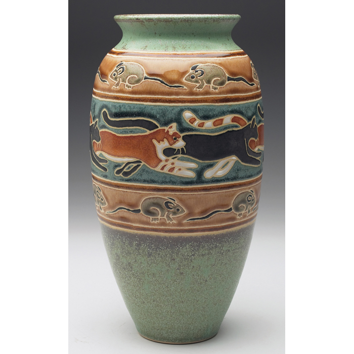 Appraisal: Common Ground Pottery vase contemporary colorful design with incised cats