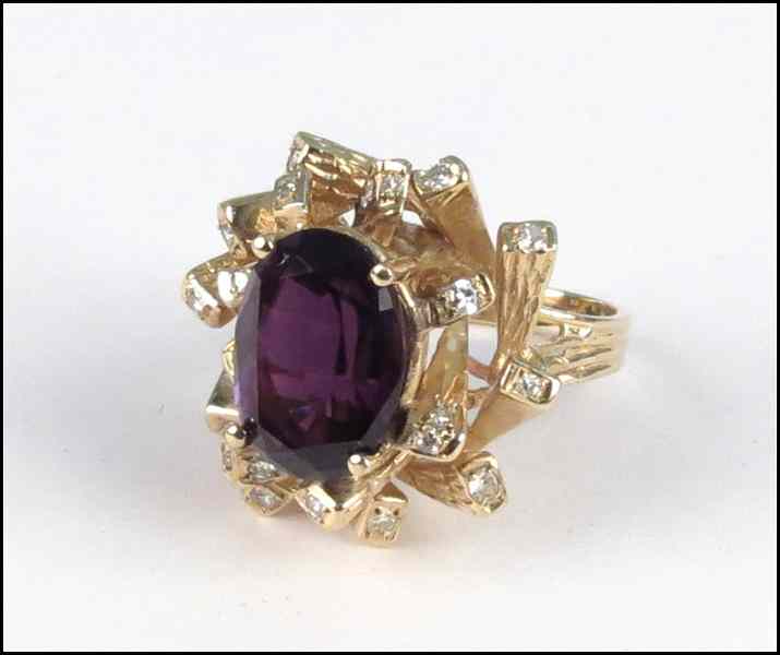 Appraisal: KARAT YELLOW GOLD AMETHYST AND DIAMOND RING Lab created amethyst