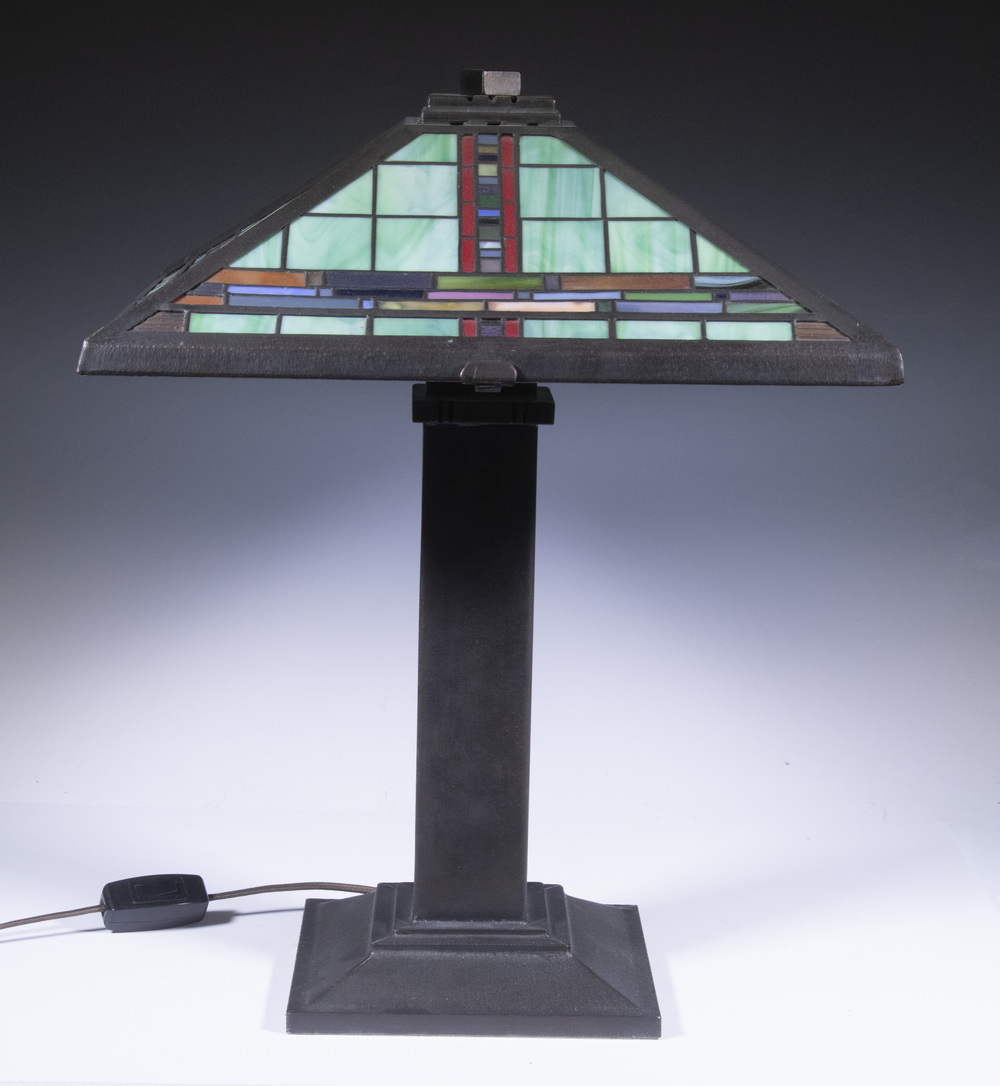 Appraisal: FRANK LLOYD WRIGHT STYLE TABLE LAMP Arts Crafts Style Patinated