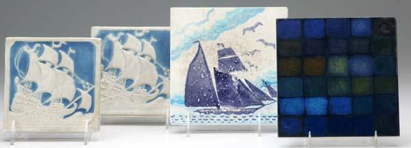 Appraisal: MARBLEHEAD Four tiles two with white ships against blue ground