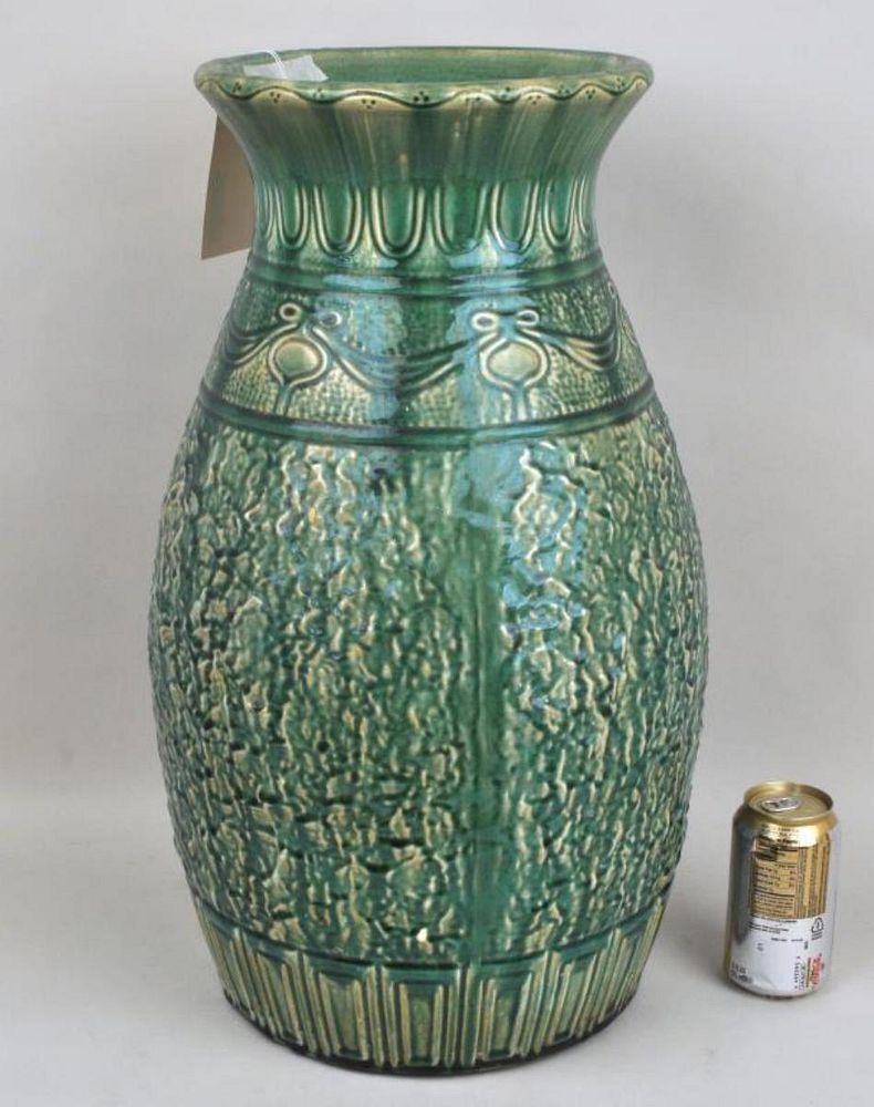 Appraisal: Large Majolica Green Glazed Vase with banded detail in the