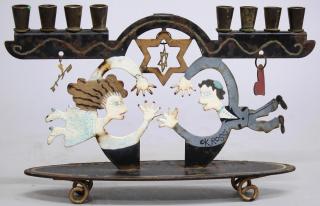 Appraisal: Vintage Karen Rossi Aluminum Judaica Menorah Depicting a young couple