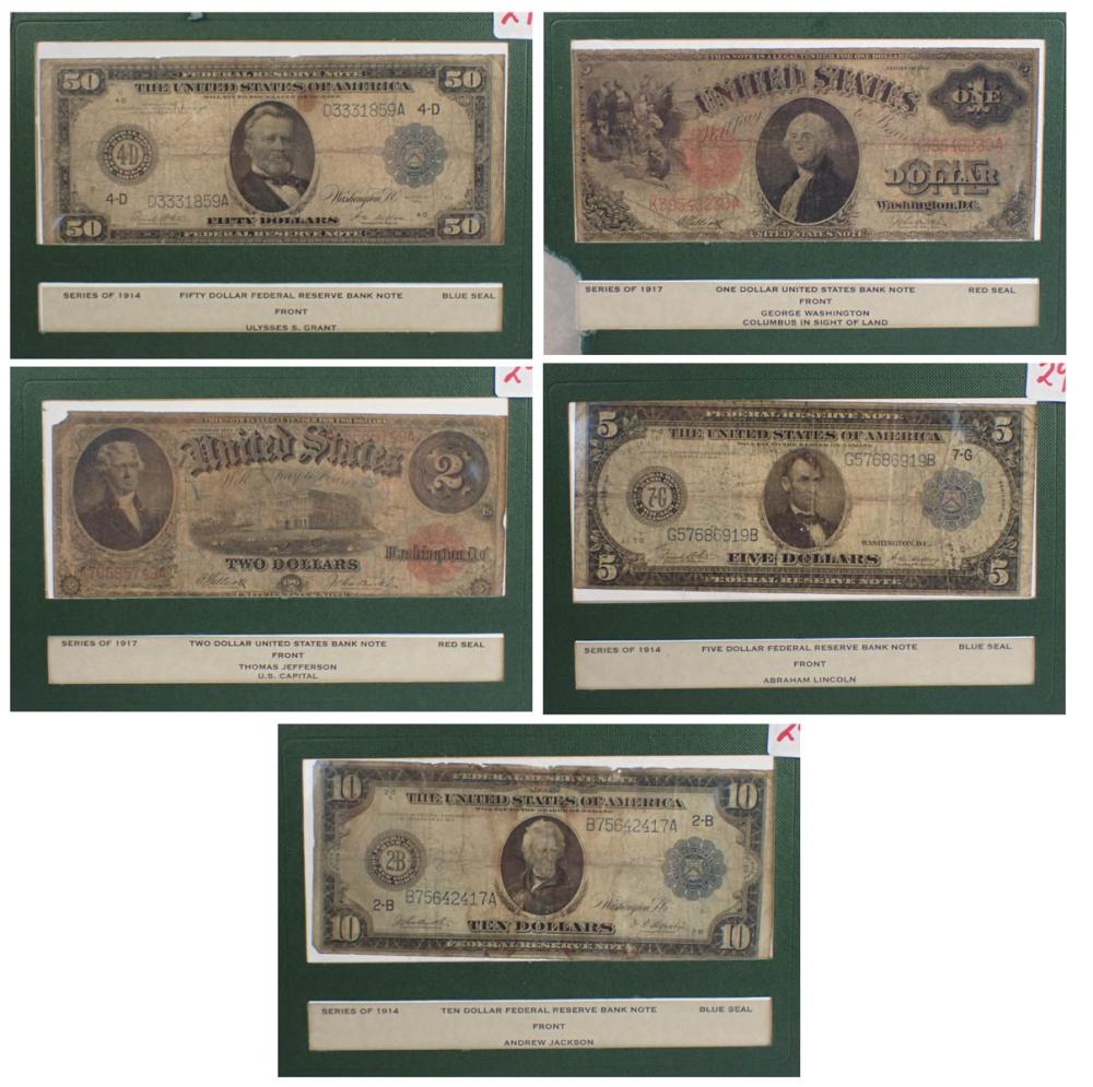 Appraisal: FIVE LARGE SIZE U S BANK NOTES Fr - series