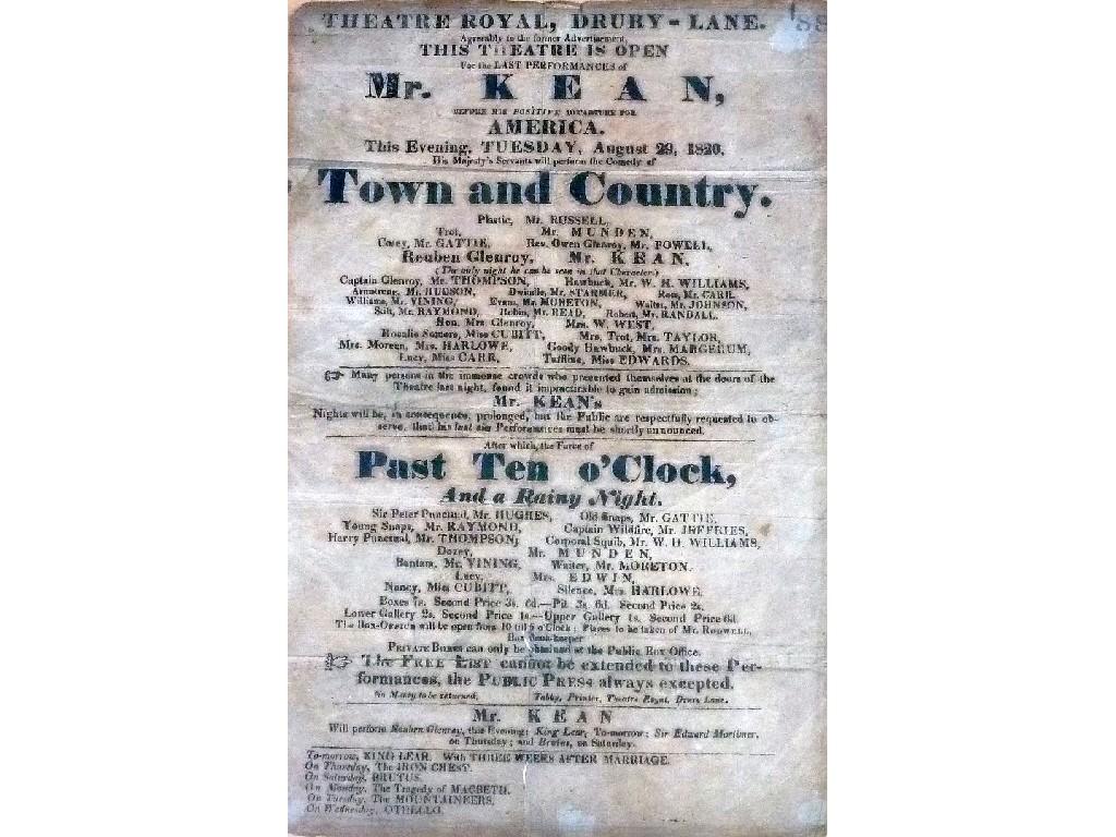 Appraisal: EARLY NINETEENTH CENTURY THEATRE ROYAL DRURY LANE SMALL POSTER OR