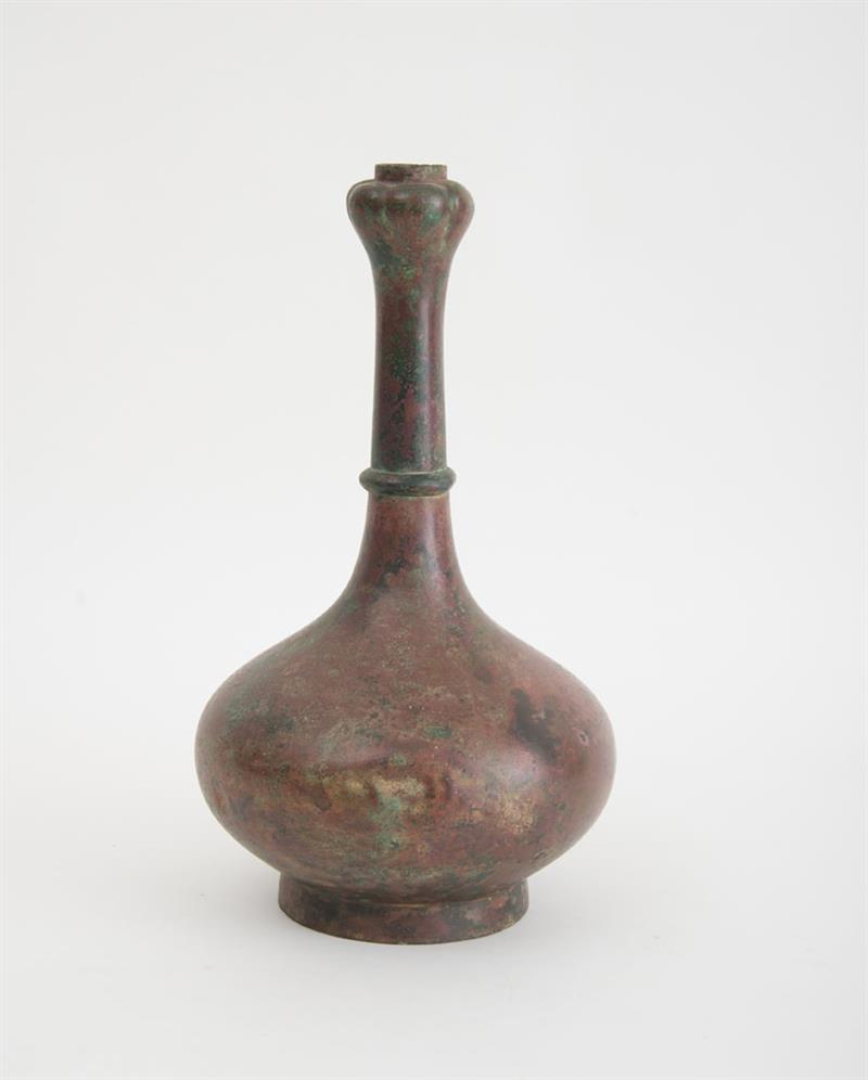 Appraisal: CHINESE GREEN AND RED PATINATED METAL BOTTLE VASE With gadrooned