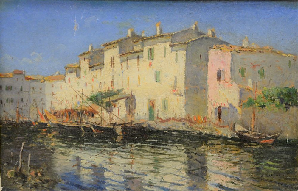 Appraisal: Stanislas Lepine - Houses and Boats on a Canal oil